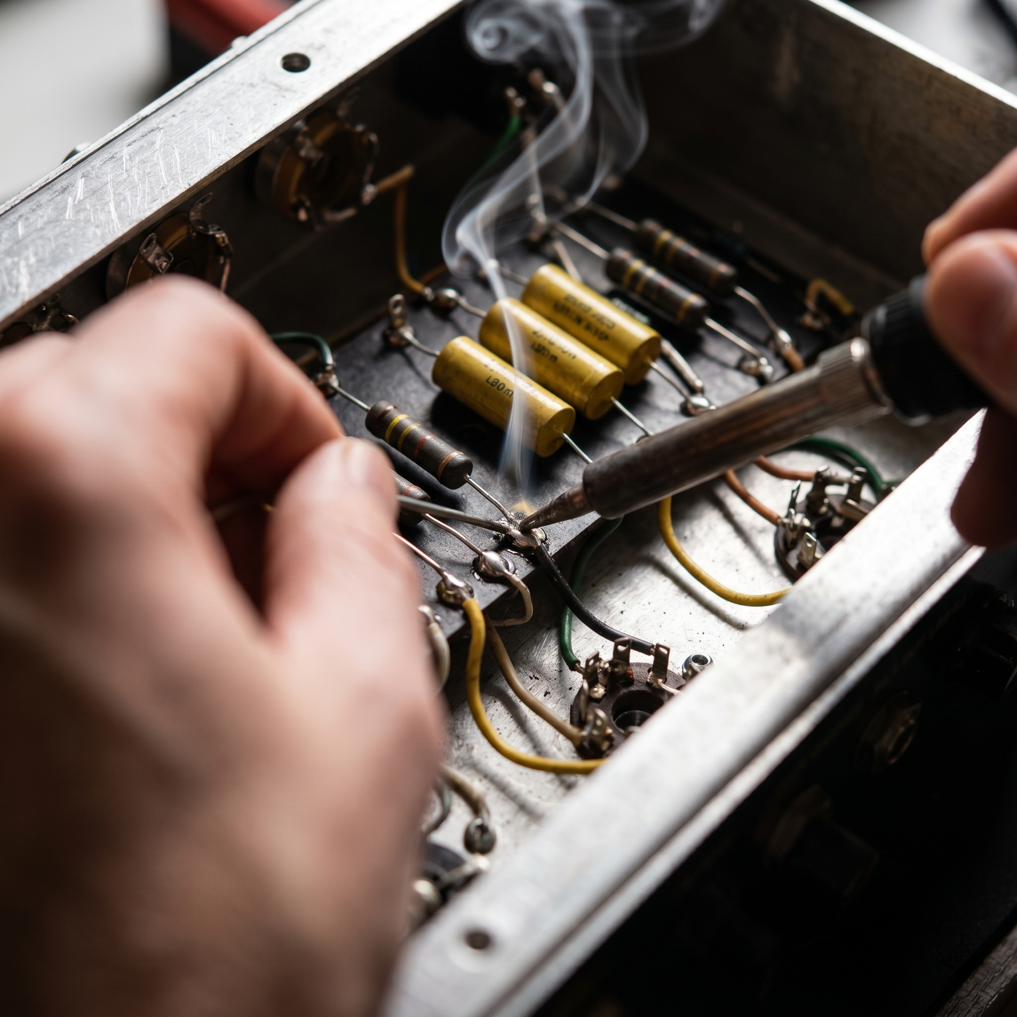 Rendering of a technician hard at work in an at-home workshop with music and electronics stuff.